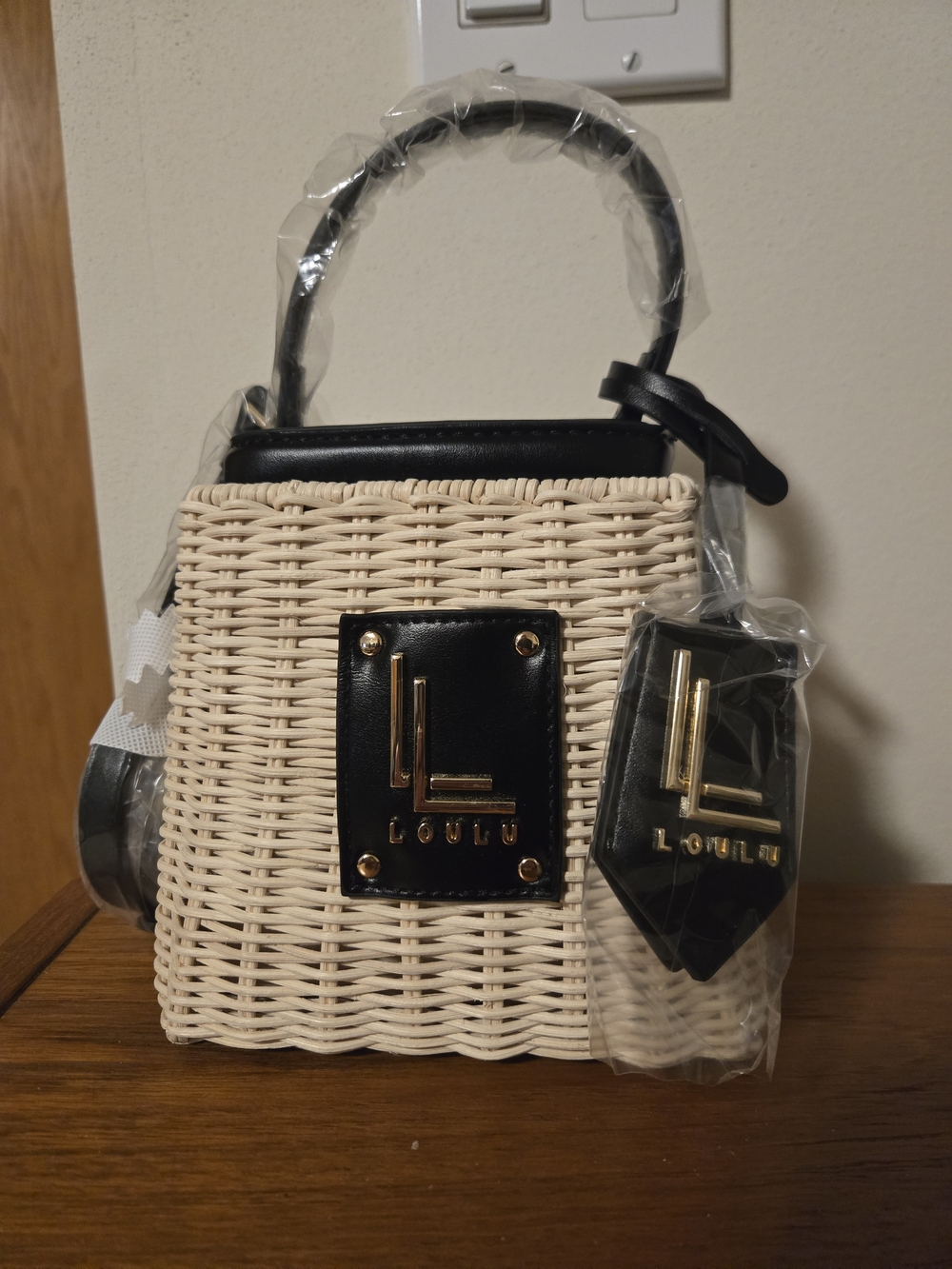 LouLu Woven Straw Top-Handle Bag in Natural and Black **NEW**